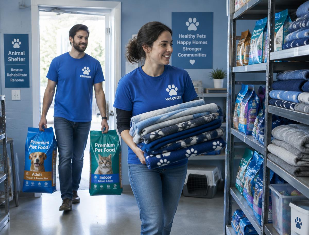 Two volunteers carrying food sacks and blankets into a storeroom