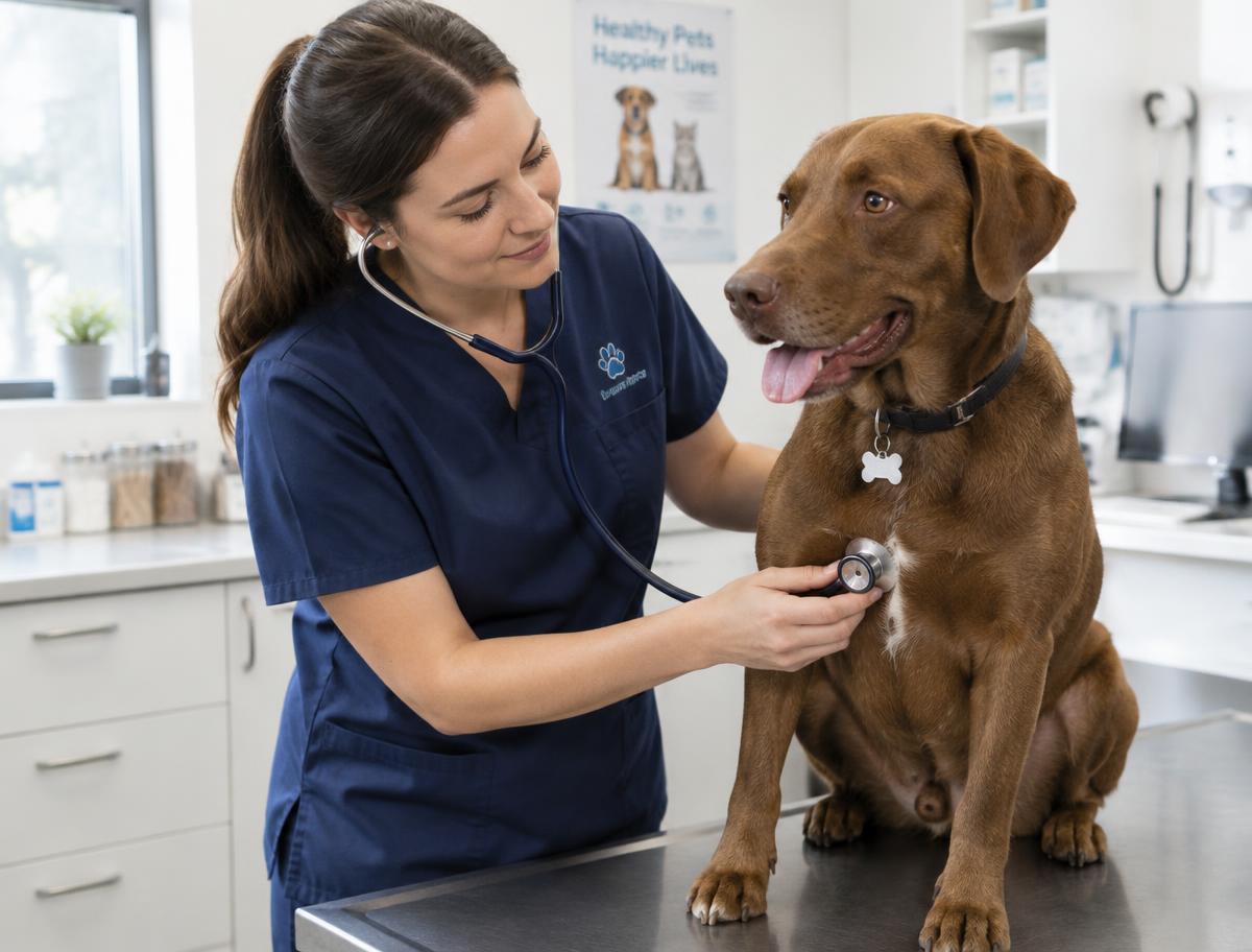A vet examining a brown dog on the treatment table