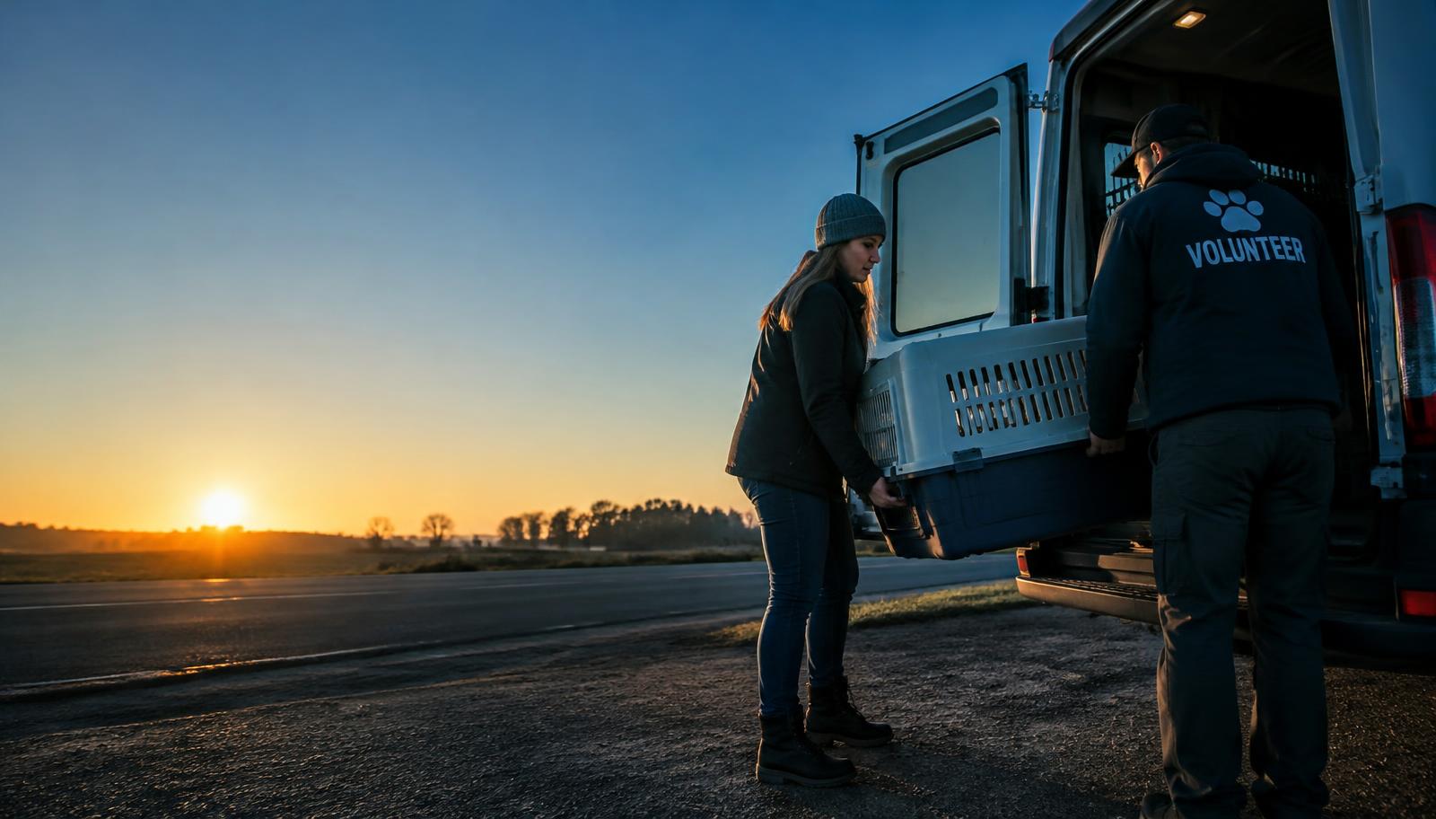 Two volunteers loading a carrier into a van at sunrise